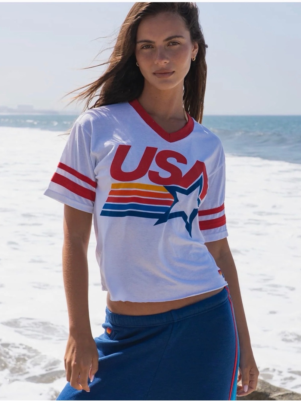 NIB Aviator Nation USA Star V neck  Boyfriend Tee & Koozy